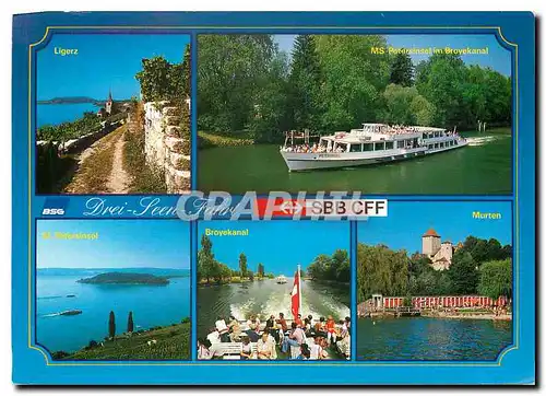 Cartes postales moderne Drei Seen Fahrt Ligerz St Petersinsel Murten Broyekanal