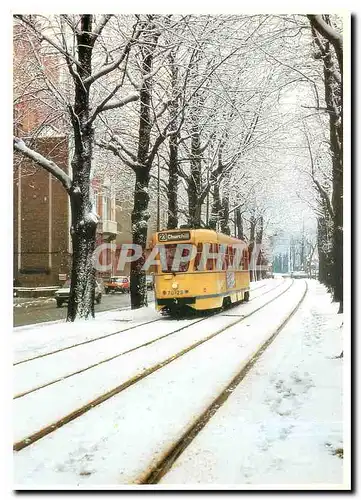 Moderne Karte STIB. Motrice PCC 7028 avenue Churchill a Bruxelles le 10 fevrier 1987