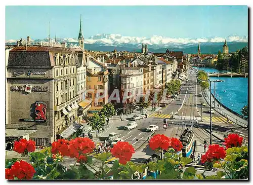 Moderne Karte Zuerich Central und Limmatqual mit den Alpen