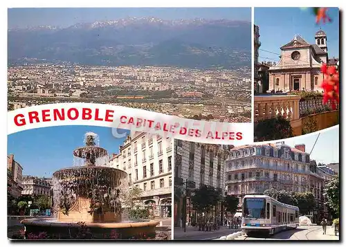 Moderne Karte Grenoble Vue generale avec la chaine de Belledonne Eglise St-Louis Fontaine Place Grenette le tr