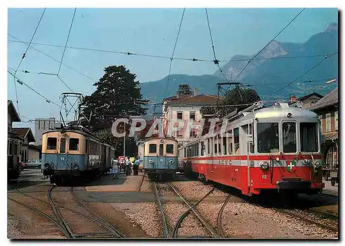 Moderne Karte ABDe 4/4 11 et 12 de l'A.S.D. et BDe 4/4 112 de l'A.O.M.C. en gare d'Aigle