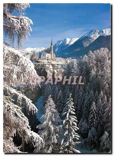 Moderne Karte St Georgskirche mit Inn in Scuol