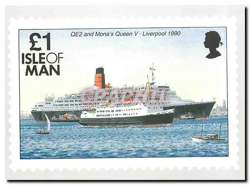 Moderne Karte Ships Isle of Man QE2 and Mona's Queen V Liverpool 1990