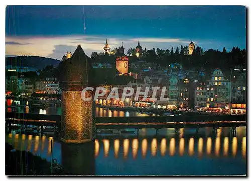 Moderne Karte Lucerne Pont de la chapelle et vieille cite la nuit