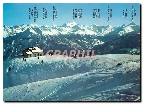 Moderne Karte Crans Montana La cabane des Viollettes et le panorama des Alpes Valaisannes