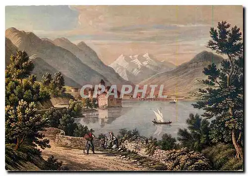 Moderne Karte Le Chateau de Chillon et les Dents du Midi d'apres une gravure ancienne du debut du XIX siecle