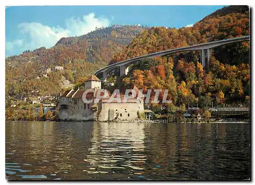 Moderne Karte Montreux Chateu de Chillon et autoroute du Leman