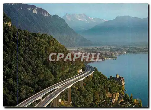 Moderne Karte Montreux autoroute du Leman Chateau de Chillon Villeneuve et les Dents du Midi