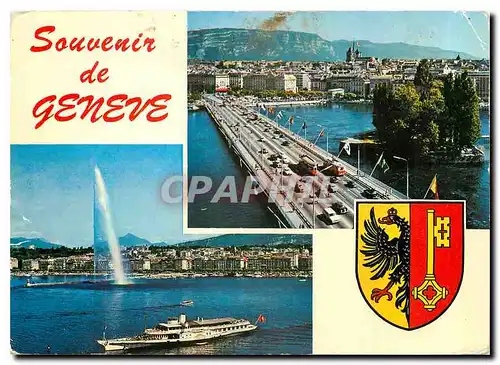 Moderne Karte Souvenir de Geneve Le jet d'eau Le pont du Mont Blanc