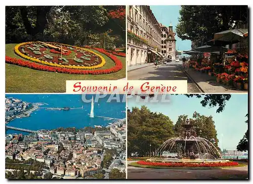 Moderne Karte Souvenir de Geneve L'horloge au printemps Place du Molard Vue aerienne La fontaine du jardin ang