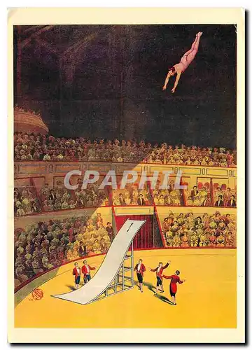 Cartes postales Bill Webb dans son saut de la mort du haut du chapiteau sur un plam de glissement pose sur la pi