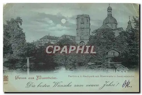 Ansichtskarte AK Gruss aus Mannheim Partie a d Stadtpark mit Sternwarte n Jesuitenkirche (carte 1899)