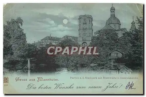 Cartes postales Gruss aus Mannheim Partie a d Stadtpark mit Sternwarte n Jesuitenkirche (carte 1899)