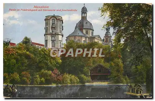 Cartes postales Mannheim Partie im Friedrichspark mit Sternwarte und Jesuitenkirche