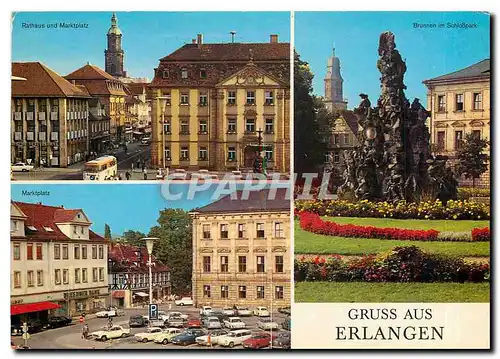 Moderne Karte Gruss aus Erlangen Rathaus und Marktplatz Brunnen im Schlosspark Marktplatz