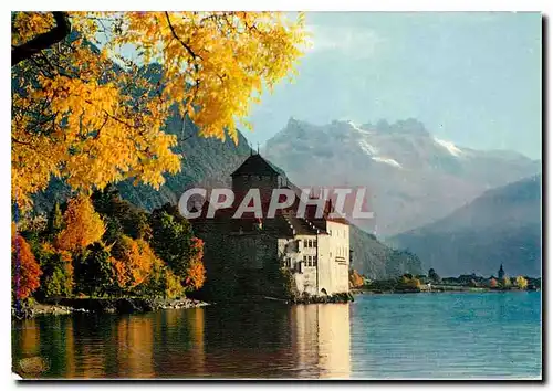 Moderne Karte Lac Leman Le Chateau de Chillon et les Dents du Midi