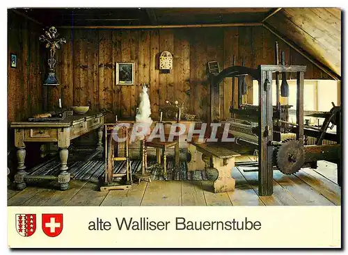 Cartes postales moderne Alte Walliser Bauernstube mit Webstuhl und Spinnrad