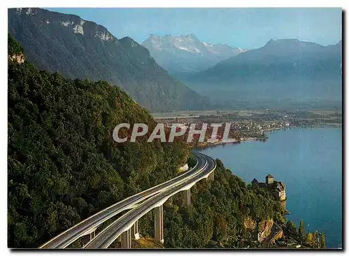 Cartes postales moderne Montreux Autobahn Schloss Chillon Villeneuve und die Dents du Midi