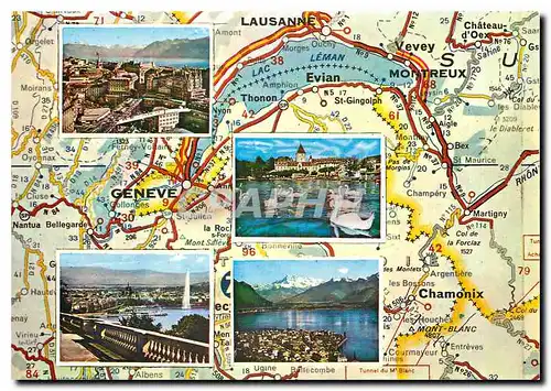 Cartes postales moderne Carte du Lac Leman Avec vues de Lausanne Ouchy Geneve et Montreux