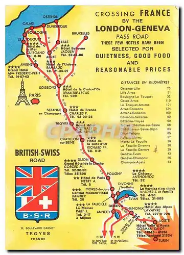 Moderne Karte Crossing France by the London-Geneva Pass road