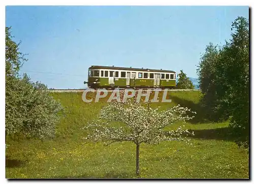 Moderne Karte MThB-Dieseltriebwagen ABFm 2/4 der Serie 7-9 brummelt durch die Blueschtlandschaft zwischen BRon