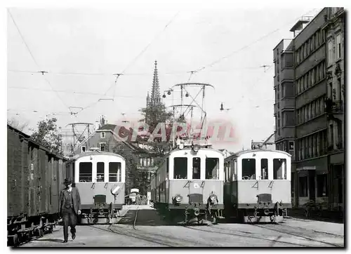 Moderne Karte Basel Heuwaage einst: BTB Ce 4/4 6 neben naugleichen Anhaengewagen um 1940