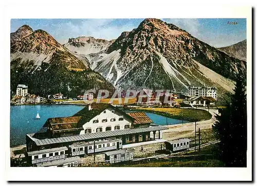 Moderne Karte Chur-Arosa Bahn: Endstation Arosa um 1920 mit verschiedenen Fahrzeugen darunter rechts ein Perso