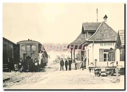 Moderne Karte ST-Dampftriebwagen FZm 1/2 11 in Geuensee daneben der ausgegleiste Bahndienstrillwagen um 1930