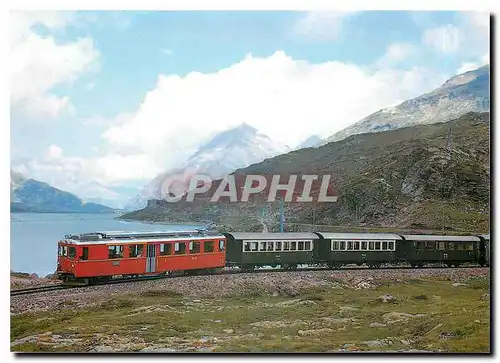 Moderne Karte Tram ABe 4 4 43 avec un train pour Alp Grum derriere Ospizio Bernina