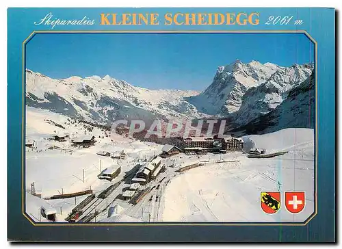 Moderne Karte Skiparadis Kleine Scheidegg im Berner Oberland Flugaufnahme mit Wetterhorn