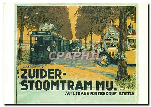 Cartes postales moderne ZSM-affiche uit 1933 met door een Hanomag-locomotief getokken trambijHuisje ten Halvetussen