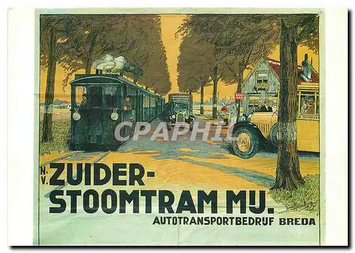 Moderne Karte ZSM-affiche uit 1933 met door een Hanomag-locomotief getokken trambijHuisje ten Halvetussen