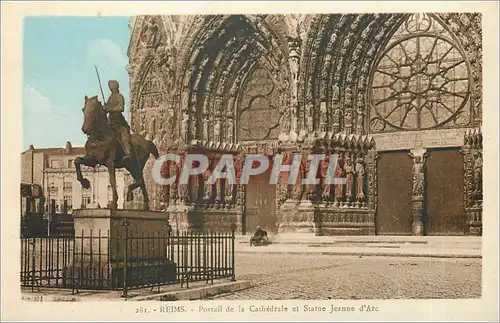 Cartes postales REIMS P�rtail de la cathedrale et statue Jeanne d'Arc