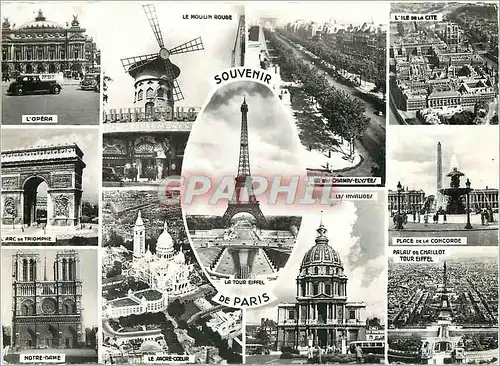 Moderne Karte Souvenir de Paris Opera Moulin Rouge Champs Elysees L'Ile de la Cote Sacre C�ur Notre Dame Place