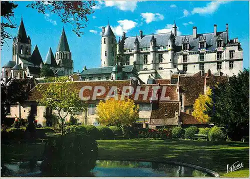 Moderne Karte Loches Indre et Loire L'Eglise Saint Ours et les Logis ROyaux du Chateau vus du jardin public