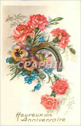 Cartes postales Heureux Anniversaire Fleurs Fer a cheval