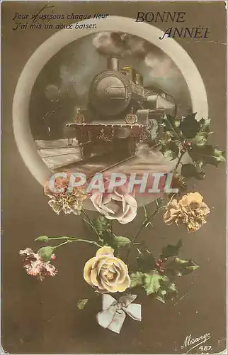 Cartes postales Bonne Annee Train Fleurs