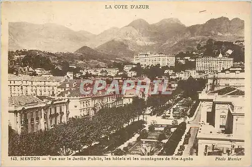 Cartes postales Menton - Vue sur le Jardin Public les hotels et les montagnes de Ste-Agnes