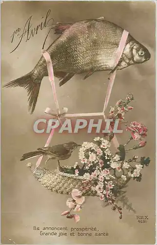 Cartes postales 1er Avril Poisson Oiseau Fleurs