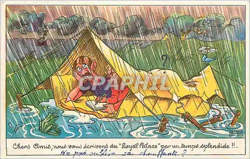 Cartes postales Chers Amis nous ecrivons du ''Royal Palace'' pour un temps splendide Humour Camping