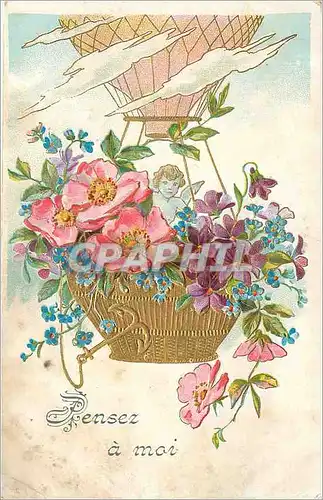 Cartes postales Pensez a moi Fleurs Ballon Dirigeable