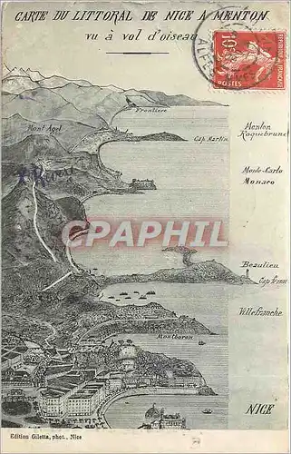 Cartes postales Carte du Littoral de Nice a Menton vu a vol d'oiseau