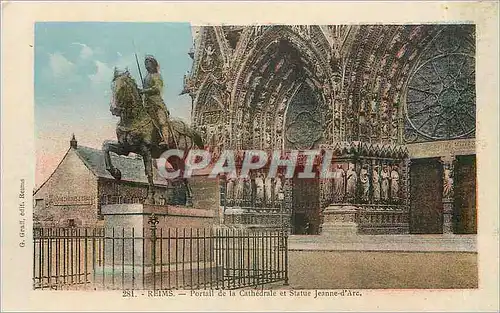 Cartes postales Reims Portail de la Cathedrale et Statue Jeanne d'Arc