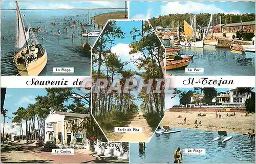 Moderne Karte Souvenir de St Trojan  La plage Bateau Le port Le casino La plage Pedalo