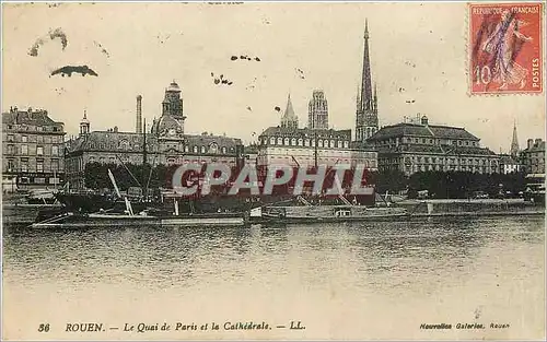 Cartes postales ROUEN-Le Quai de Paris et la cathedrale Bateau