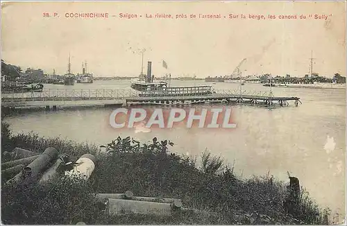 Cartes postales COCHINCHINE-Saigon- La riviere pres de l'arsenal- sur la belge  le canons du Sully