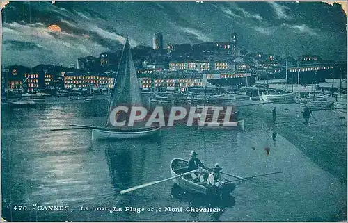 Cartes postales Cannes La nuit La Plage et le Mont Chevalier Bateaux Peche Pecheur