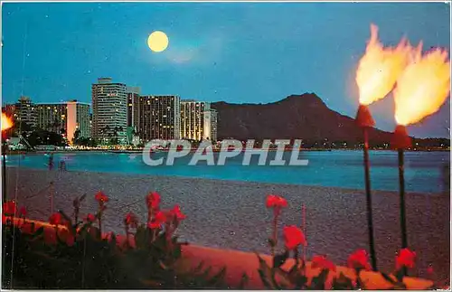 Moderne Karte Moonlight over world famous Waikiki Beach landmark Diamond Head