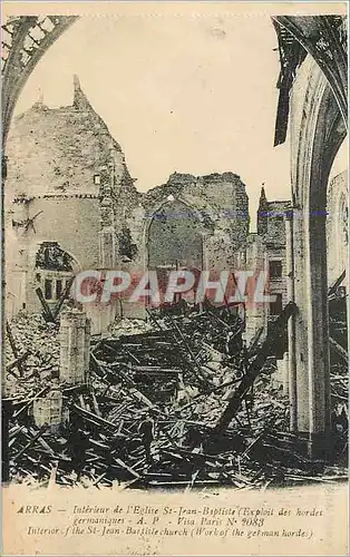Cartes postales ARRAS-Interieur de l'Eglise St Jean-Batiste (Exploit des germaniques A.P-Visa N 2083