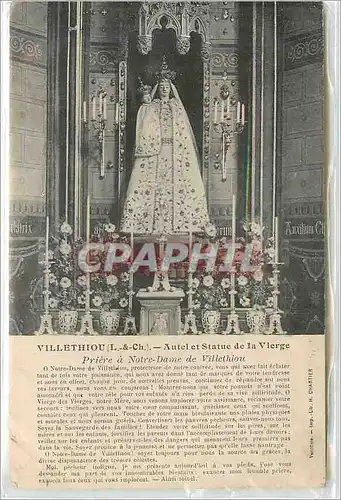 Cartes postales Villethiou L et Ch Autel et Statue de la Vierge priere a Notre Dame de Villethiou